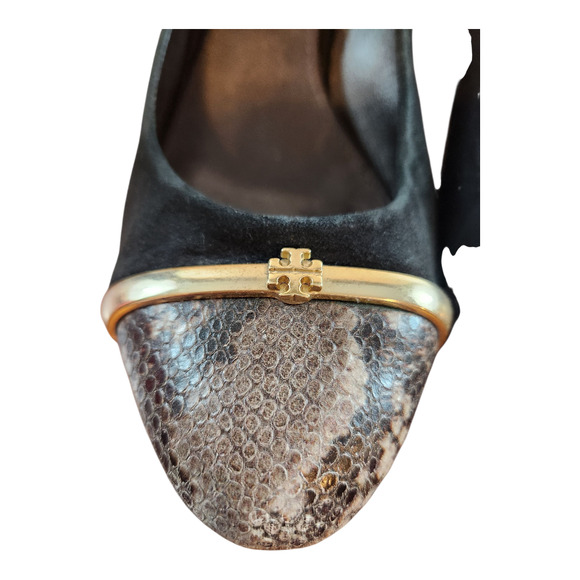 Tory Burch heels sz 8M Pacey black suede gold snake print cap leather pumps - Picture 9 of 14